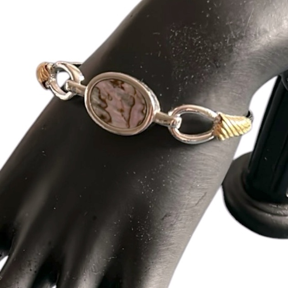 Avon Signed Abalone Silver and Gold Tone  Bangle Bracelet Circa 1970s